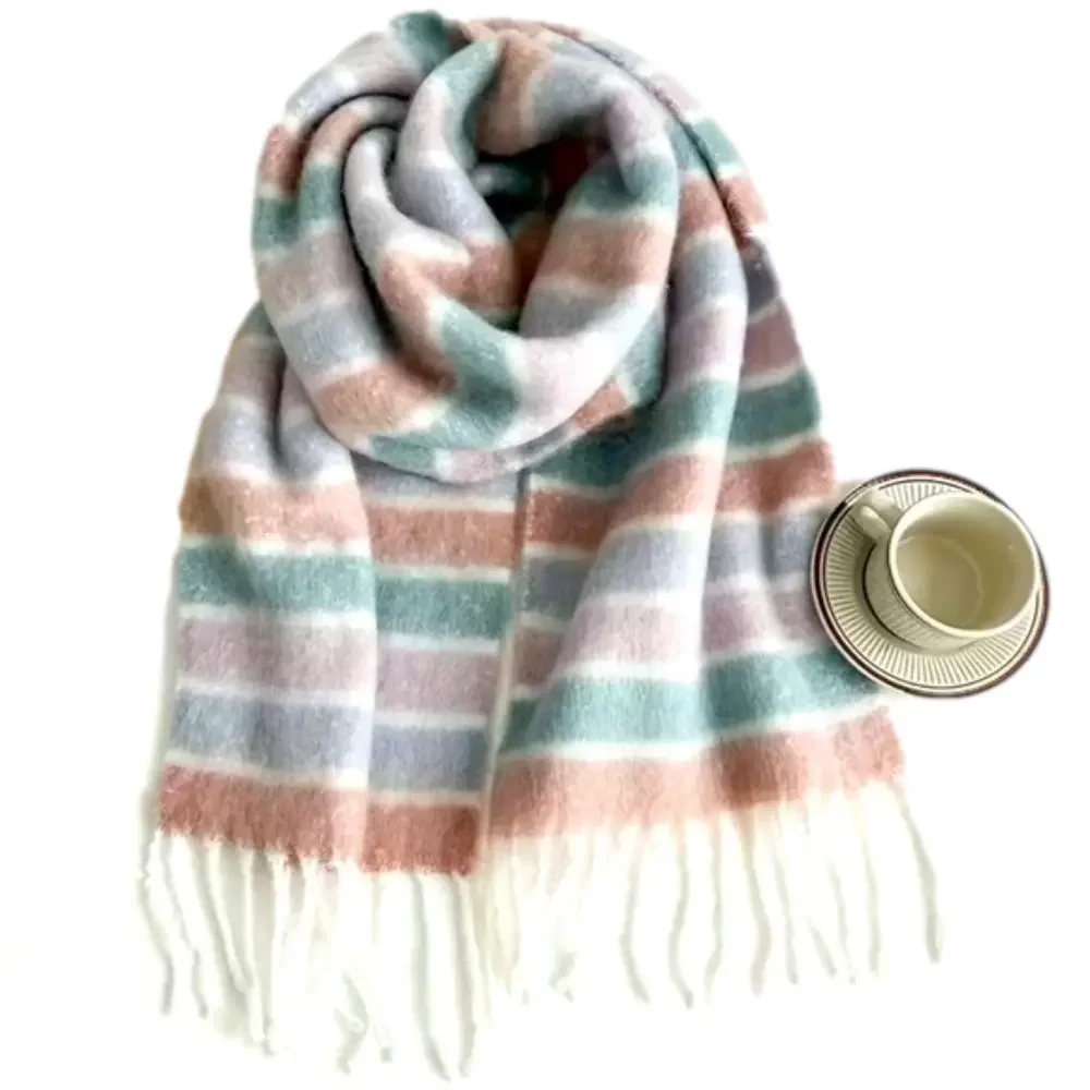Fuzzy Boho Blanket Scarf / Wrap in Pastel Striped. NWT